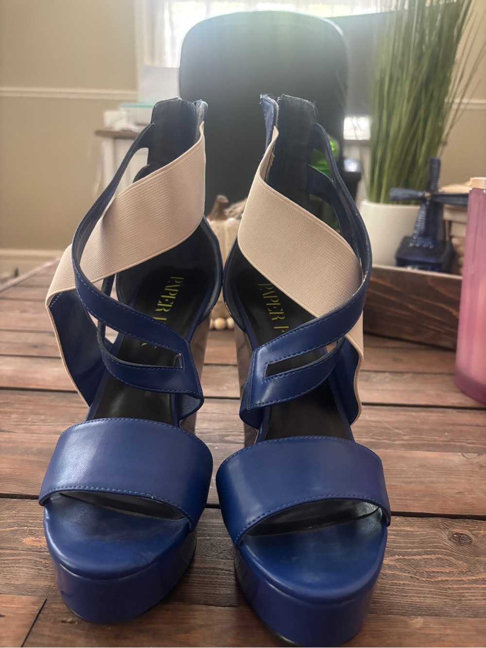 Wedge Sandals in Blue and Cream - Women's Fashion Heels